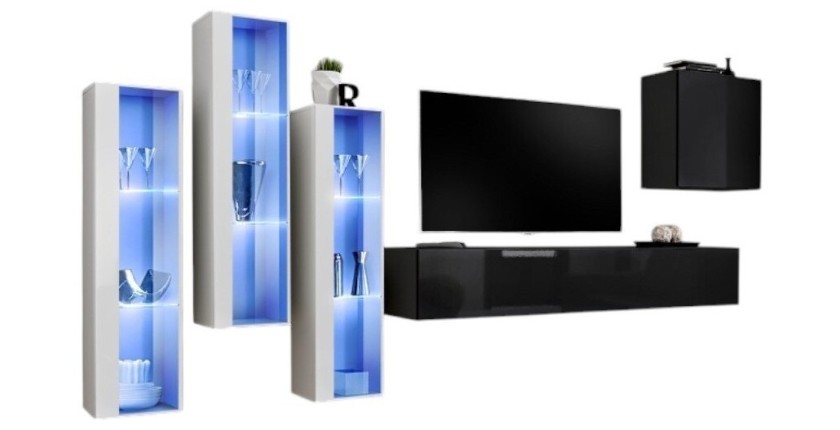 Ensemble meuble salon mural SWITCH XIII design, coloris noir brillant et blanc.