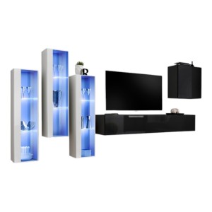Ensemble meuble salon mural SWITCH XIII design, coloris noir brillant et blanc.