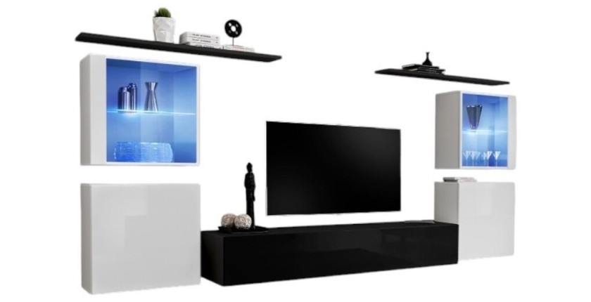 Ensemble meuble salon mural SWITCH XIV design, coloris noir et blanc brillant.