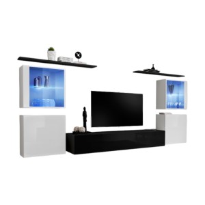 Ensemble meuble salon mural SWITCH XIV design, coloris noir et blanc brillant.