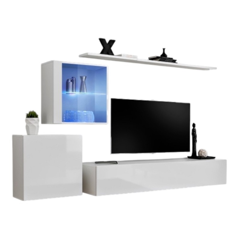 Ensemble meuble salon mural SWITCH XV design, coloris blanc brillant.