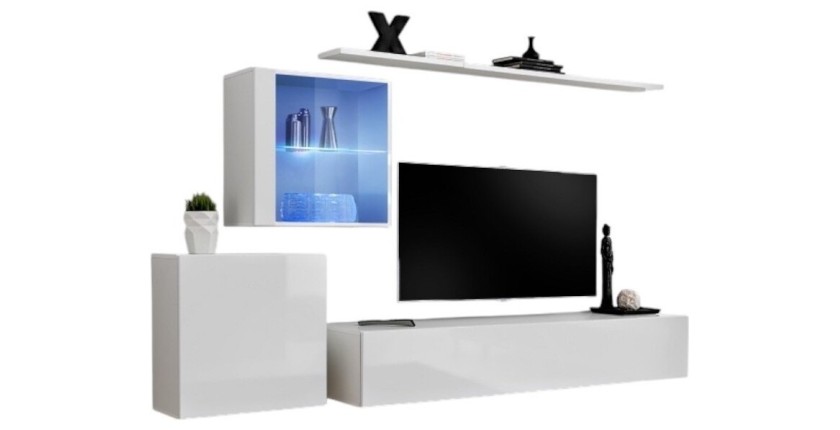 Ensemble meuble salon mural SWITCH XV design, coloris blanc brillant.
