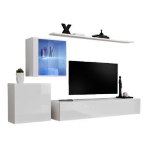 Ensemble meuble salon mural SWITCH XV design, coloris blanc brillant.