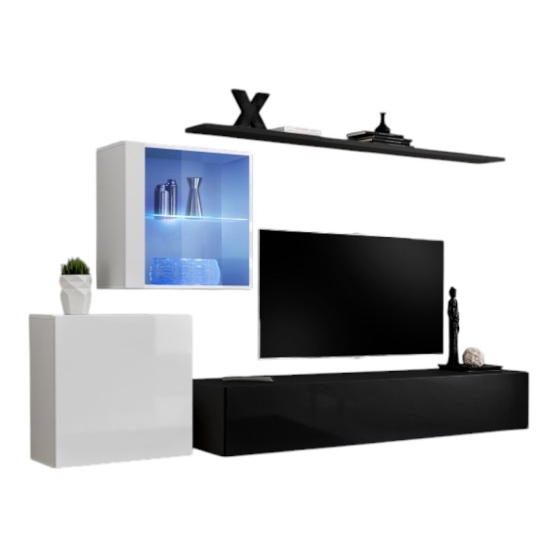 Ensemble meuble salon mural SWITCH XV design, coloris noir et blanc brillant.