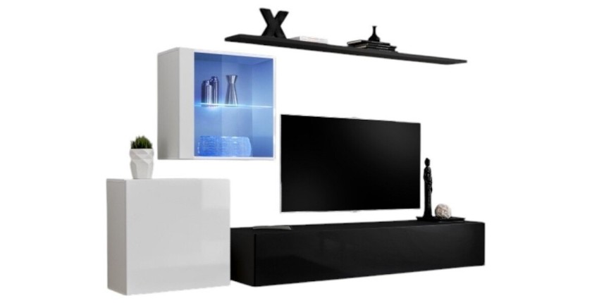 Ensemble meuble salon mural SWITCH XV design, coloris noir et blanc brillant.