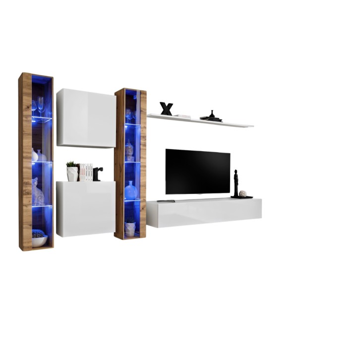 Ensemble meuble salon mural SWITCH XVI design, coloris blanc brillant et chêne Wotan.
