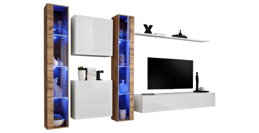 Ensemble meuble salon mural SWITCH XVI design, coloris blanc brillant et chêne Wotan.