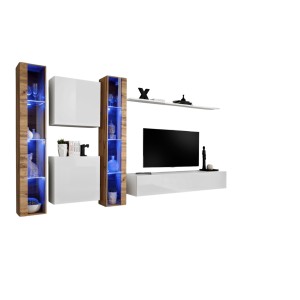 Ensemble meuble salon mural SWITCH XVI design, coloris blanc brillant et chêne Wotan.
