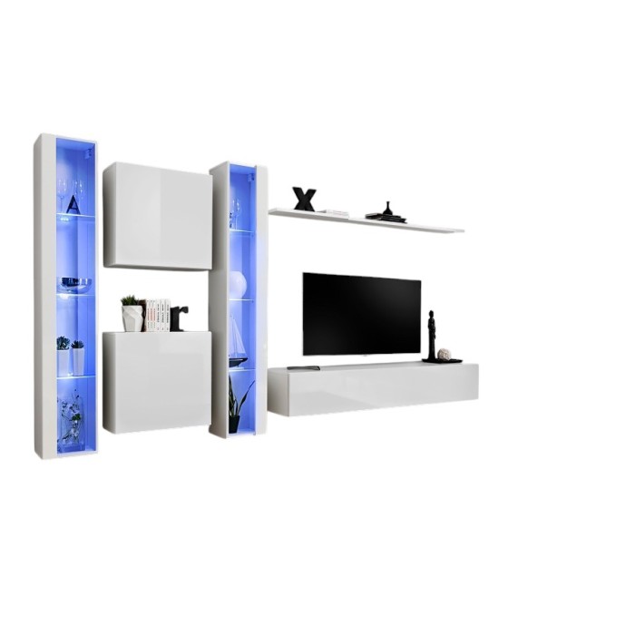 Ensemble meuble salon mural SWITCH XVI design, coloris blanc brillant.