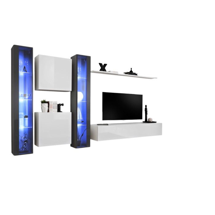 Ensemble meuble salon mural SWITCH XVI design, coloris blanc et gris brillant.