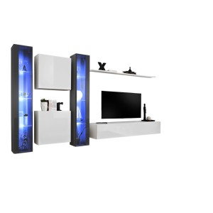 Ensemble meuble salon mural SWITCH XVI design, coloris blanc et gris brillant.