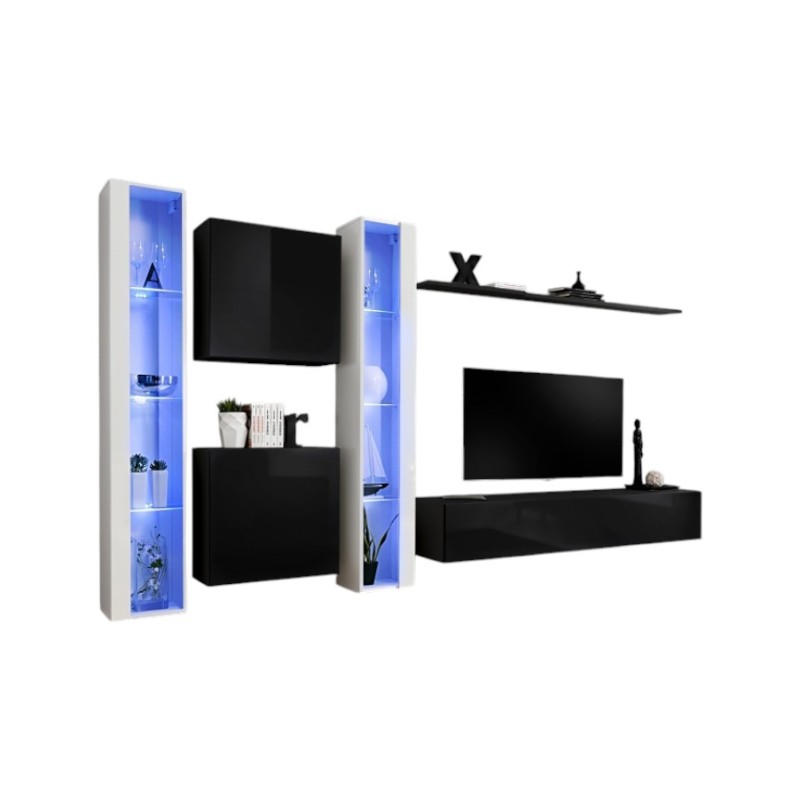Ensemble meuble salon mural SWITCH XVI design, coloris noir et blanc brillant.