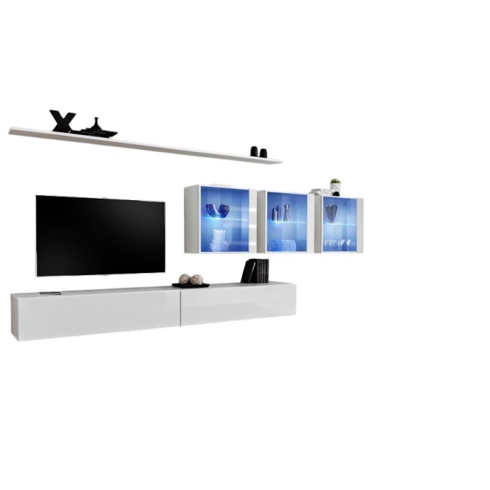 Ensemble meuble salon mural SWITCH XVII design, coloris blanc brillant.