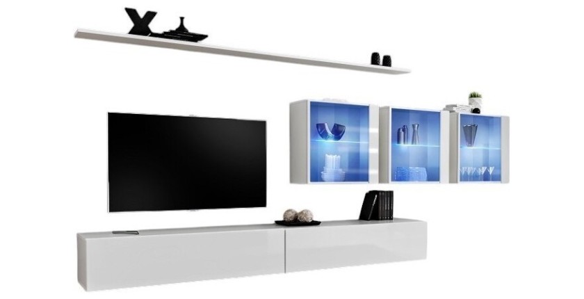 Ensemble meuble salon mural SWITCH XVII design, coloris blanc brillant.