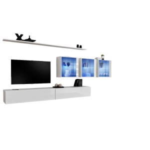 Ensemble meuble salon mural SWITCH XVII design, coloris blanc brillant.