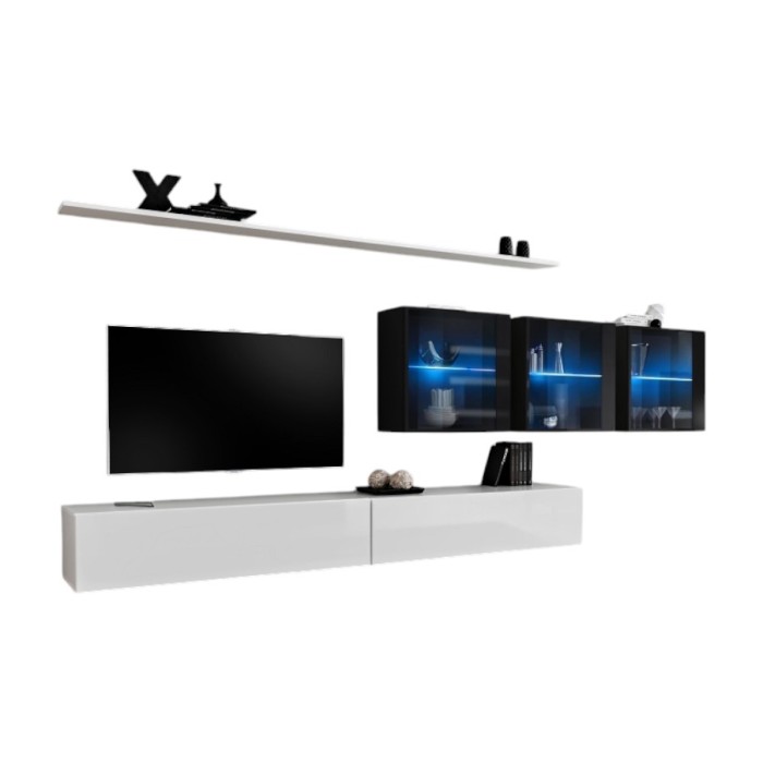 Ensemble meuble salon mural SWITCH XVII design, coloris blanc et noir brillant.