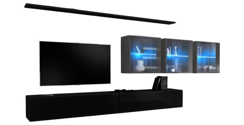 Ensemble meuble salon mural SWITCH XVII design, coloris noir et gris brillant.