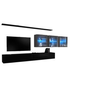 Ensemble meuble salon mural SWITCH XVII design, coloris noir et gris brillant.