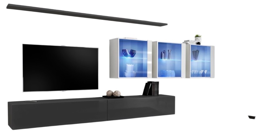 Ensemble meuble salon mural SWITCH XVII design, coloris gris et blanc brillant.
