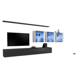Ensemble meuble salon mural SWITCH XVII design, coloris gris et blanc brillant.