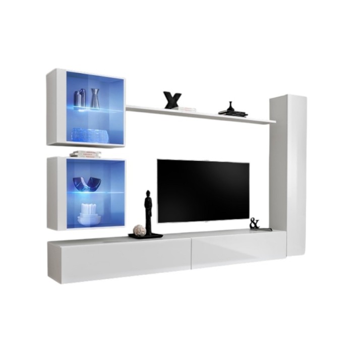 Ensemble meuble salon mural SWITCH XVIII design, coloris blanc brillant.