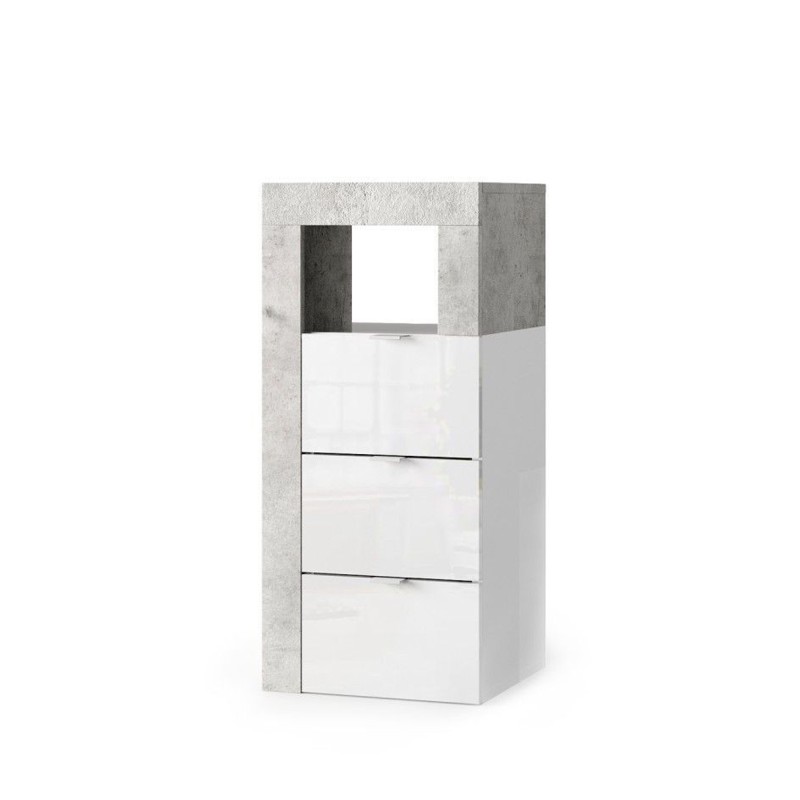 Commode de salle de bains BURA – 3 tiroirs – L35 cm – Blanc brillant laqué et gris aspect béton