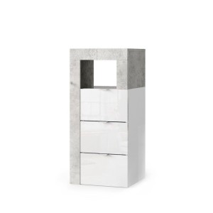 Commode de salle de bains BURA – 3 tiroirs – L35 cm – Blanc brillant laqué et gris aspect béton
