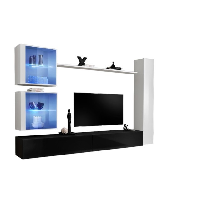 Ensemble meuble salon mural SWITCH XVIII design, coloris noir et blanc brillant.