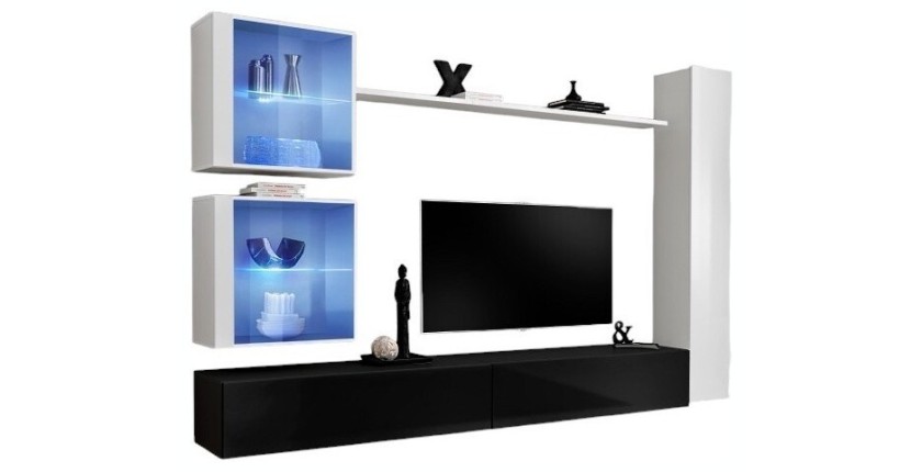 Ensemble meuble salon mural SWITCH XVIII design, coloris noir et blanc brillant.
