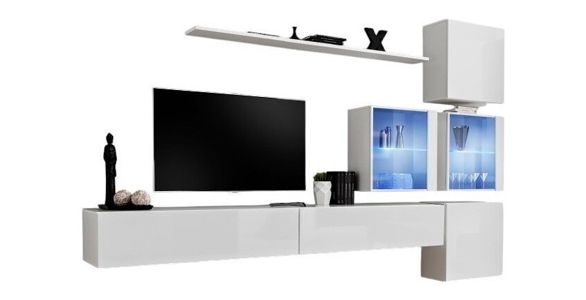 Ensemble meuble salon mural SWITCH XIX design, coloris blanc brillant.