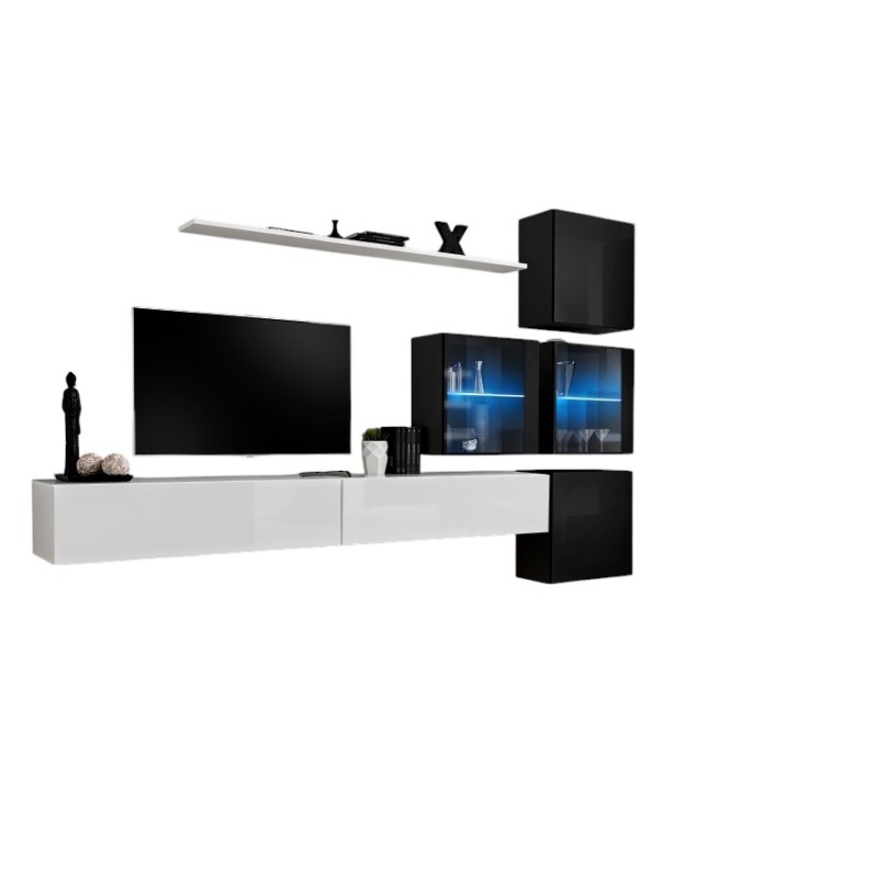 Ensemble meubles de salon SWITCH XIX design, coloris blanc et noir brillant.