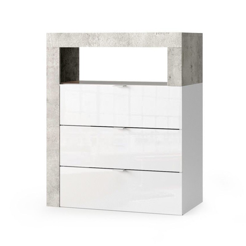 Commode de salle de bains BURA – 3 tiroirs – L64 cm – Blanc brillant laqué et gris aspect béton