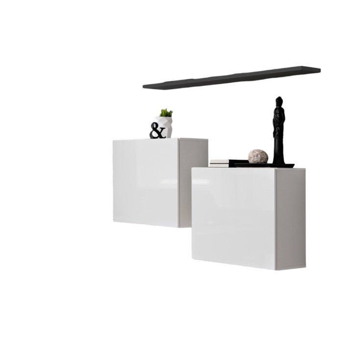 Ensemble meubles de salon SWITCH SBI design, coloris blanc brillant et étagère grise.