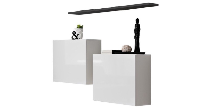 Ensemble meubles de salon SWITCH SBI design, coloris blanc brillant et étagère grise.