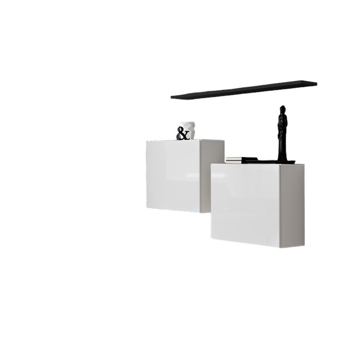 Ensemble meubles de salon SWITCH SBI design, coloris blanc brillant et étagère noir.