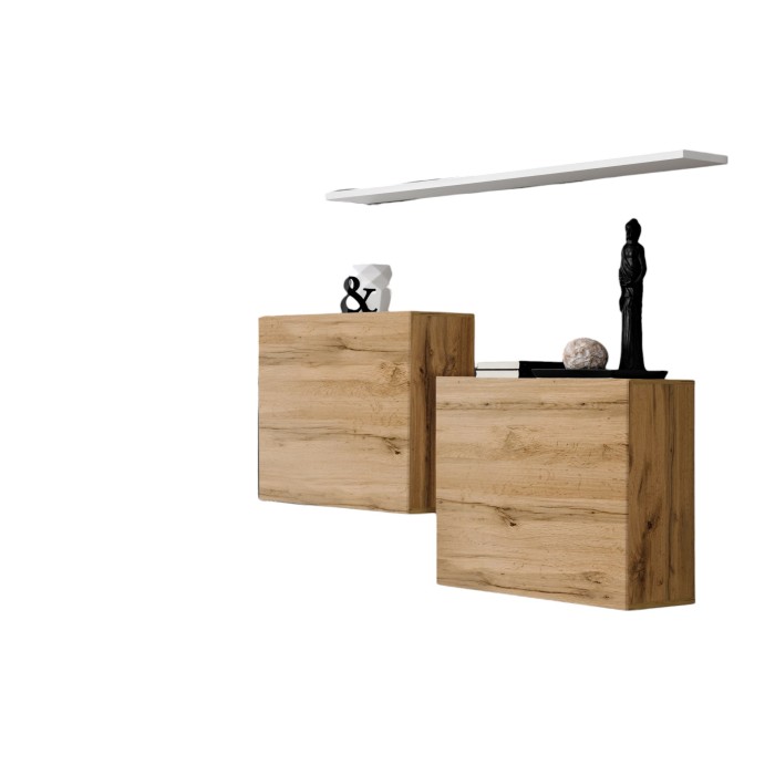 Ensemble meubles de salon SWITCH SBI design, coloris chêne Wotan et étagère blanche.