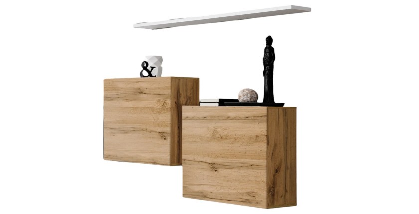 Ensemble meubles de salon SWITCH SBI design, coloris chêne Wotan et étagère blanche.