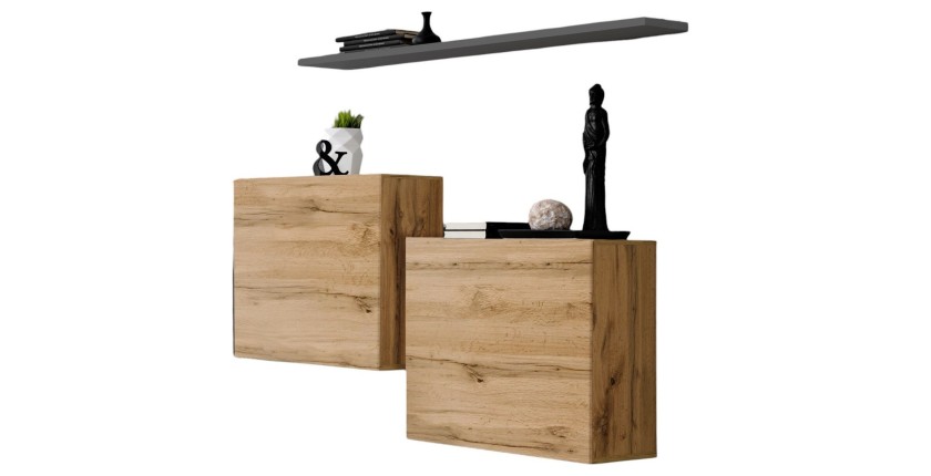 Ensemble meubles de salon SWITCH SBI design, coloris chêne Wotan et étagère grise.