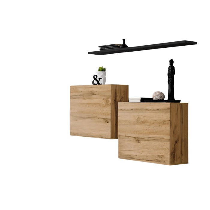 Ensemble meubles de salon SWITCH SBI design, coloris chêne Wotan et étagère noire.