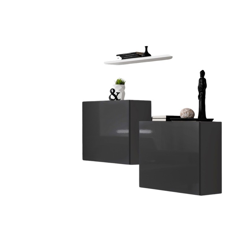 Ensemble meubles de salon SWITCH SBI design, coloris gris brillant et étagère blanche.