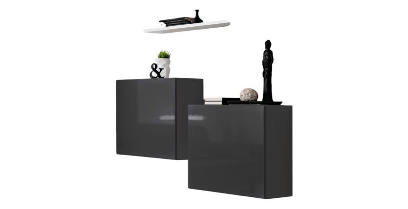 Ensemble meubles de salon SWITCH SBI design, coloris gris brillant et étagère blanche.