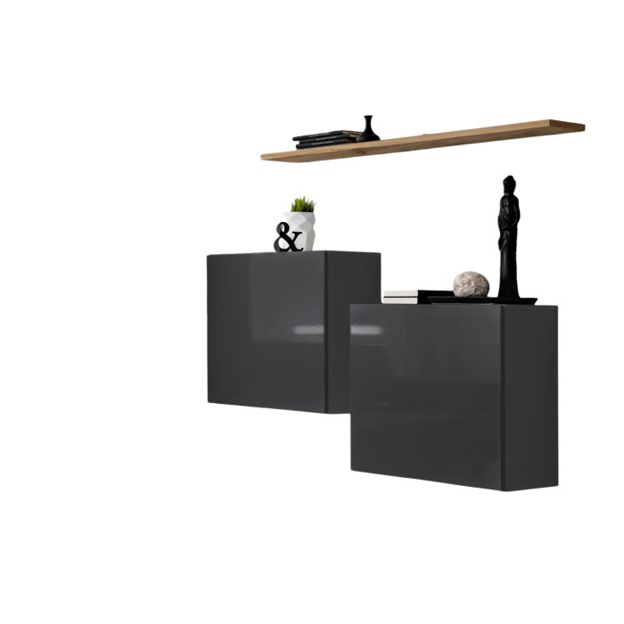 Ensemble meubles de salon SWITCH SBI design, coloris gris brillant et étagère chêne Wotan.
