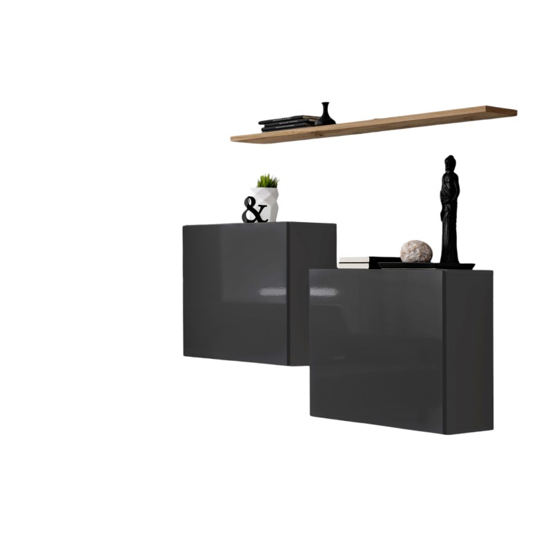 Ensemble meubles de salon SWITCH SBI design, coloris gris brillant et étagère chêne Wotan.