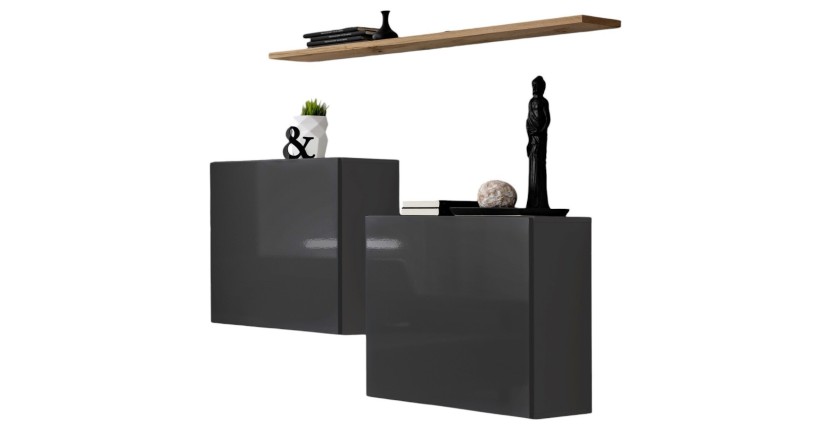 Ensemble meubles de salon SWITCH SBI design, coloris gris brillant et étagère chêne Wotan.
