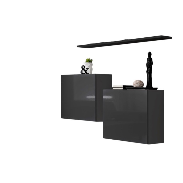 Ensemble meubles de salon SWITCH SBI design, coloris gris brillant et étagère noire..