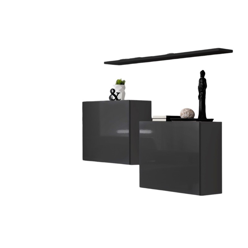 Ensemble meubles de salon SWITCH SBI design, coloris gris brillant et étagère noire..