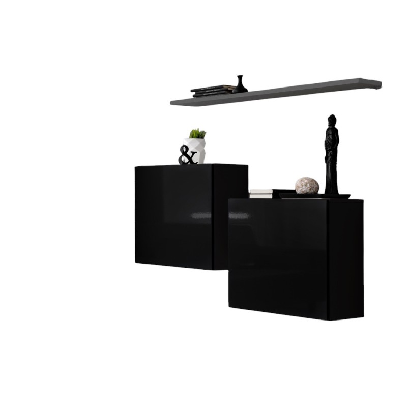 Ensemble meubles de salon SWITCH SBI design, coloris noir brillant et étagère grise.