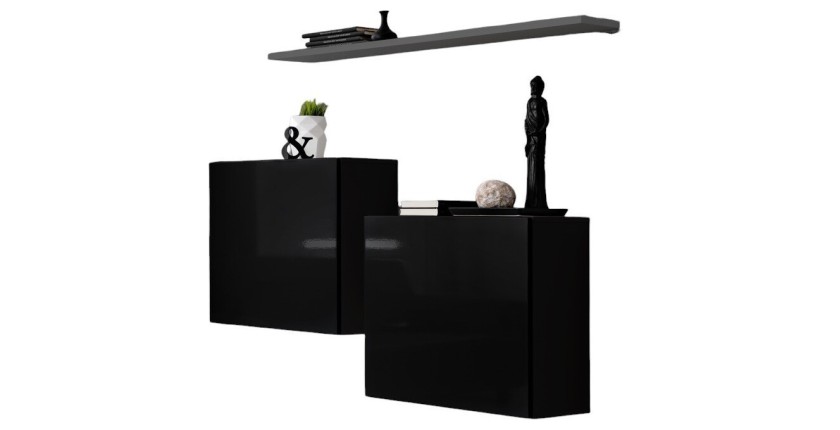 Ensemble meubles de salon SWITCH SBI design, coloris noir brillant et étagère grise.