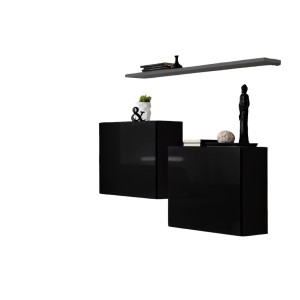 Ensemble meubles de salon SWITCH SBI design, coloris noir brillant et étagère grise.