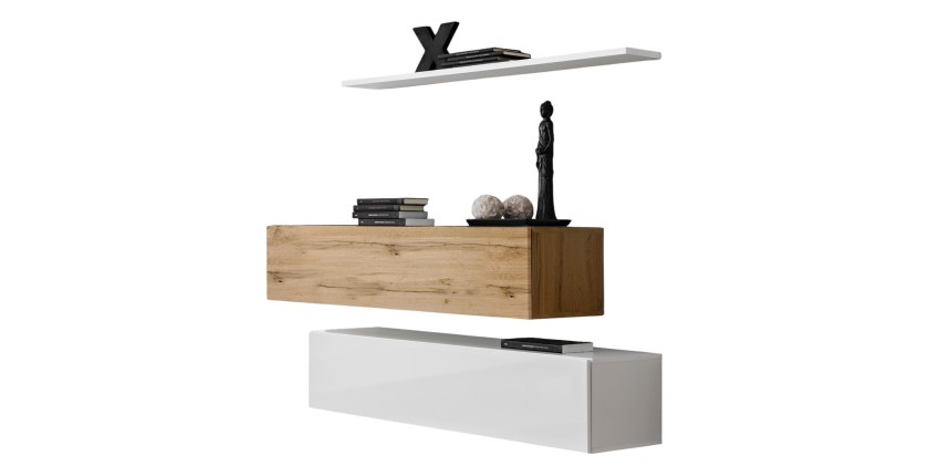 Ensemble meubles de salon SWITCH SBII design, coloris blanc brillant et chêne Wotan.